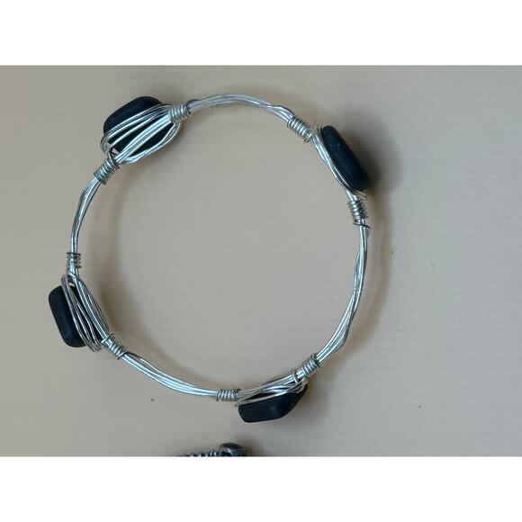 Silver & Black Bracelet Bundle – Stone-Wrapped Wire and Gem Accent Bangle - Picture 6 of 6